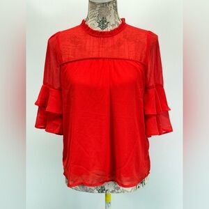 MONTEAU Cherry red sheer ruffle sleeve top size S.